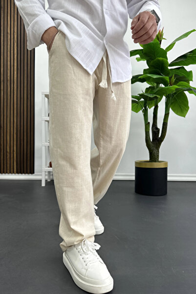 Edwox Men's Cotton Linen Look Trousers Cream Edw443