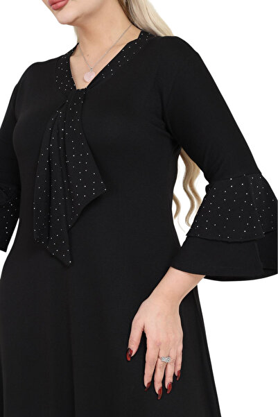 MELSAY Women's Black Scarf Tie Spanish Sleeve Stone Printed Plus Size Dress