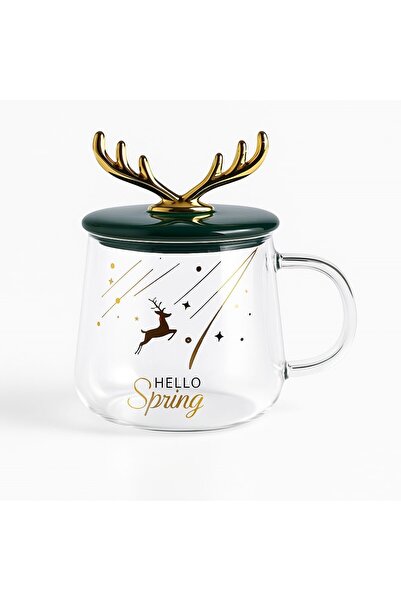 peanelife Premium Ceramic Lid Deer Design Glass Mug with Spoon