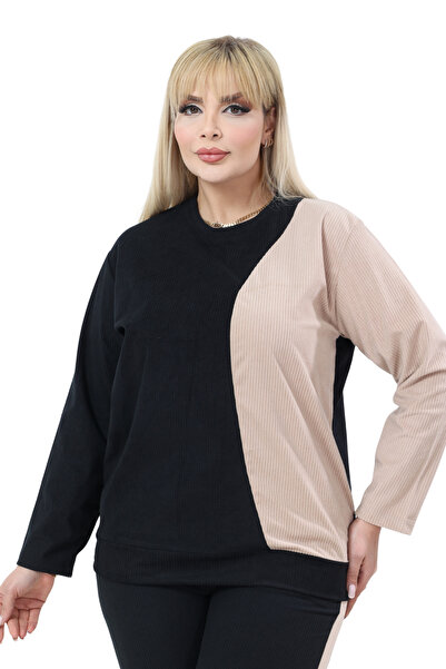 MELSAY Women's Plus Size Corduroy Black-Ecru Color Block Tracksuit Set