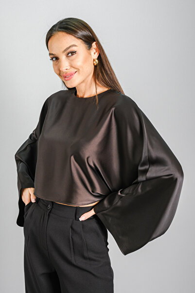 SWEETNESS Women's Brown Lycra Satin Cape Cut Blouse