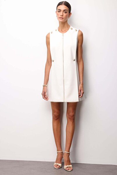 Ekol Süs Düğmeli Fermuarlı Midi Elbise