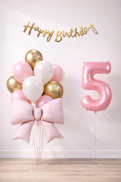 Patladı Gitti Pink Bow 5 Year Old Birthday Balloon Set