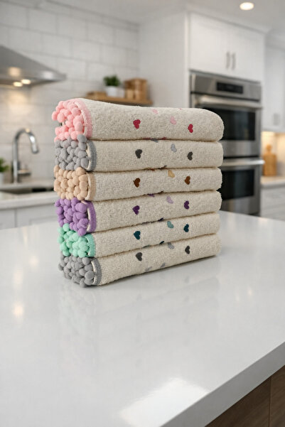 Bambus 6'lı 30x50 Bukle Ponponlu Kalp Desenli Pamuk Mutfak Havlusu