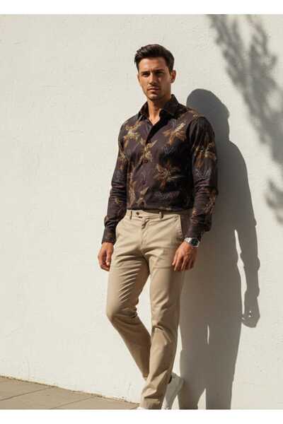 Louis Fabel Colorful Leaf Patterned Long Sleeve Men's Shirt