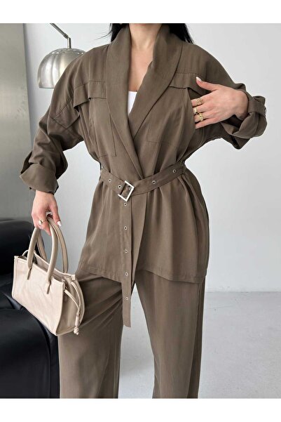 Moda İkra Trendy Set Made of a Belted Jacket and Wide-Leg Pants