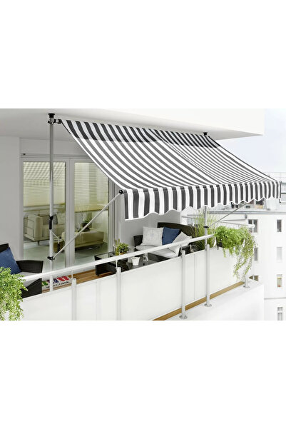 ENLIS Teleskopik Balkon Tentesi 250x130 cm Gri Beyaz Çizgili Polyester Güneşlik