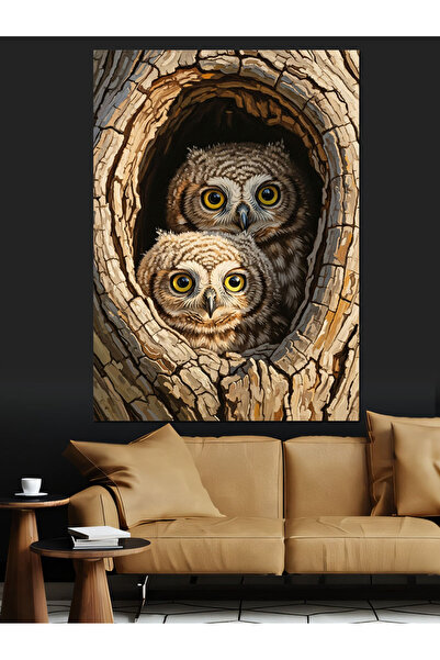 Tablo Mega Ağaç Kovuğunda Baykuş Ailesi Dekoratif Kanvas - Mdf Ahşap Tablo