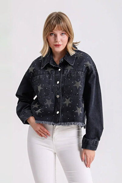 Hatun Atila سترة جينز سوداء مطرزة بحجر النجمة مع شراشيب 80012