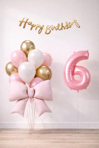 Patladı Gitti Pink Bow 6 Year Old Birthday Balloon Set