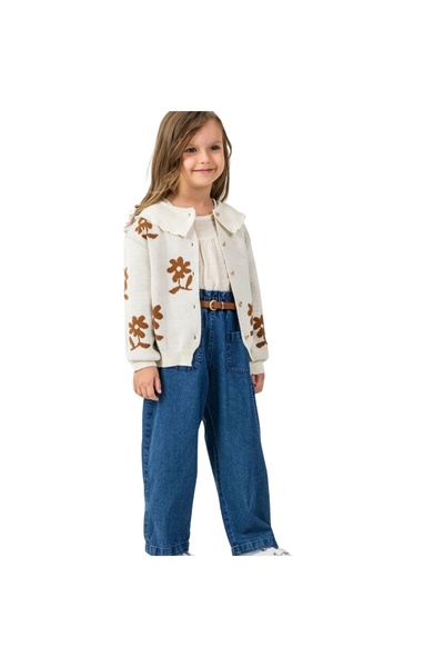 ESKİŞEHİR YUMURCAK Girl's Knitwear Cardigan-Shirt-Denim Pants 3-Piece Set