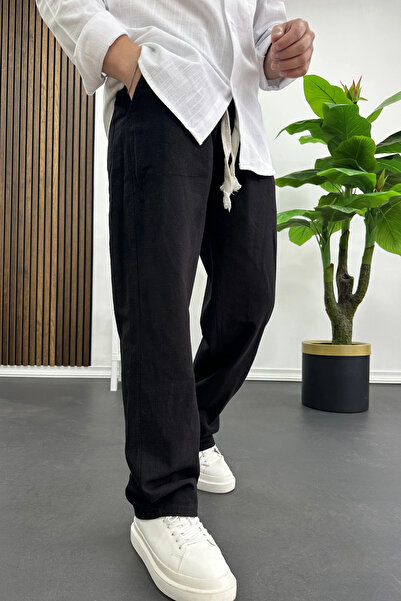 Edwox Men's Cotton Linen Look Trousers Black Edw443