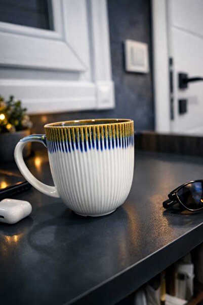 RASHA COLLECTION Striped Porcelain Mug-Blue,Cream,Mustard