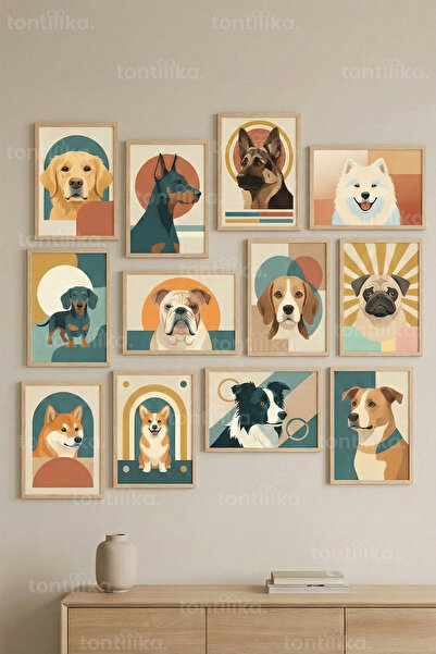 Tontilika 12 Parça Renkli Köpek Portreleri 2 Renk Seçenekli Dekoratif Çerçeve...
