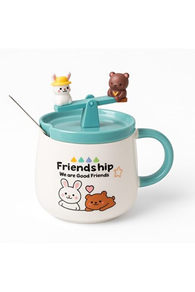 peanelife Friendship Cute Animal Figured Mug with Lid and Spoon