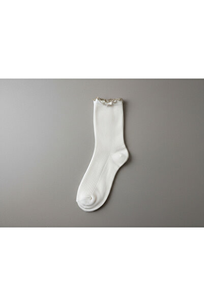 DRAV Cream Color, Ruffle Detail, Glittery Plain Women's Socks - (Seamless)