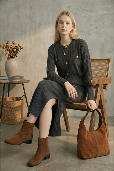 SAYZEN Selanik Knitted Gold Buttoned Sweater-Skirt Knitwear Set