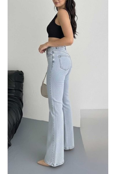 BİENAL BUTİK Women's Lycra Women's Ice Blue High Waist Flare Jean Spanish Leg Jeans