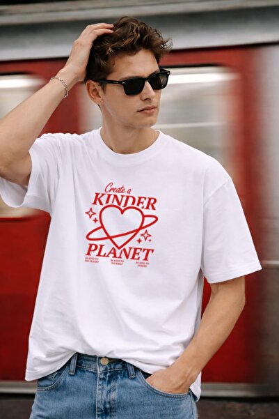 Coredra Tricou pentru bărbați Kinder Planet Oversize Fit, alb C101