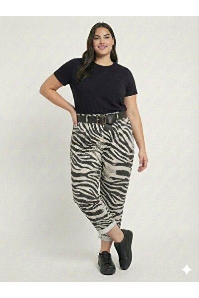 della moor Women's Beige Italian Zebra Pattern Loose Cut Wide Waist Carrot/Sh...