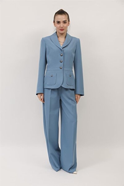 ÖNDER ÖZSOY Shawl Collar Sport Jacket with Pocket & Classic Palazzo Women's T...