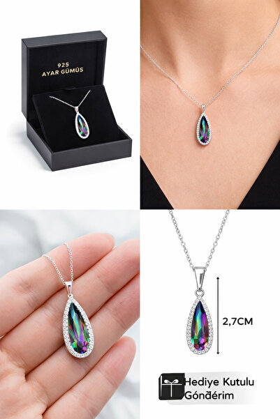 HYPNOSE SİLVER 925 Ayar Gümüş Mistik Topaz Gösterişli Uzun Damla Kolye (2,7 cm)