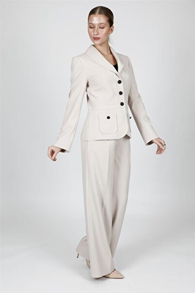 ÖNDER ÖZSOY Shawl Collar Sport Jacket with Pocket & Classic Palazzo Women's T...