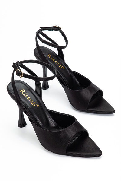 RİSSOLİ Women's Black Satin Pointed Toe Ankle Strap Detailed Heeled Sandals