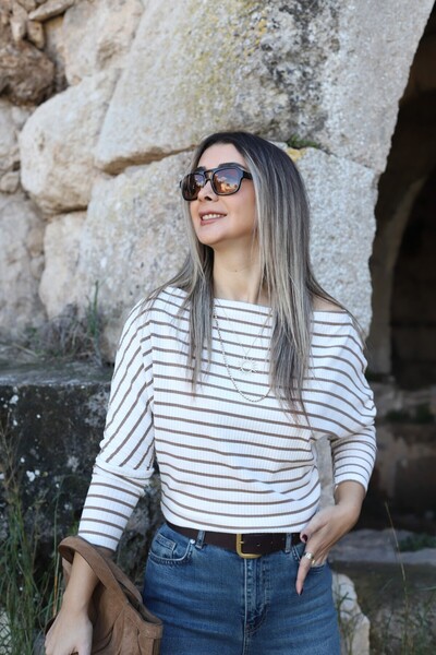 bytugcekaya Ecru-Brown Striped Boat Neck Ribbed Knitwear Blouse