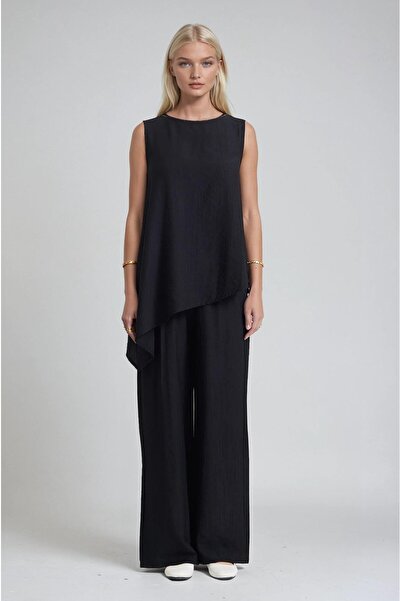 Lijuri Asymmetrical Cut Top Blouse and Comfortable Trousers Set 10319