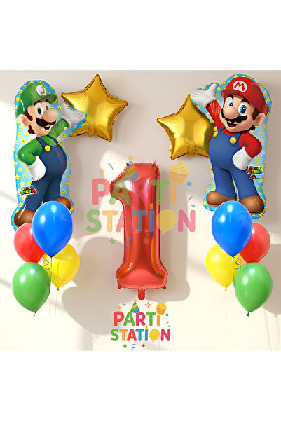 Parti Station مجموعة بالونات سوبر ماريو بعمر سنة واحدة، بالونات ماريو ولويجي،...