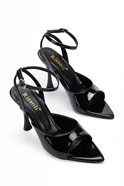 RİSSOLİ Sandale cu toc pentru femei, din piele neagră, cu vârf ascuțit și det...