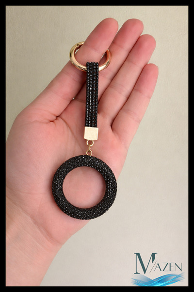 MAZEN O Letter Stone Round Ring Keychain |   Crystal Detailed |   Bag & Key A...