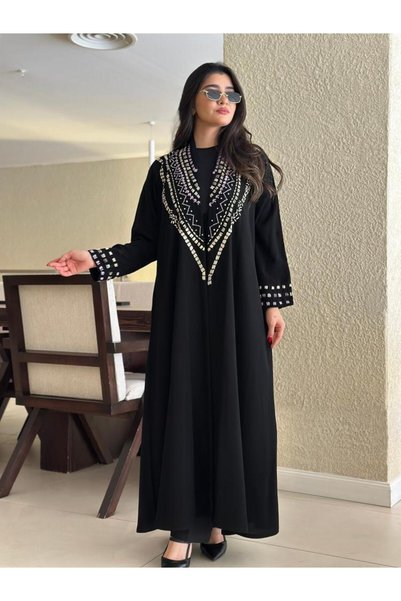 Abaya-AB عبايه سوداء فاخره مزينه بتطريز-مع طرحه مجانا