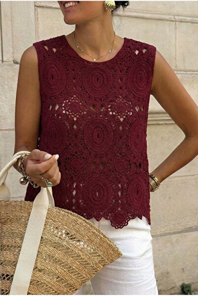 FEMELLE Burgundy Crochet Sleeveless Blouse
