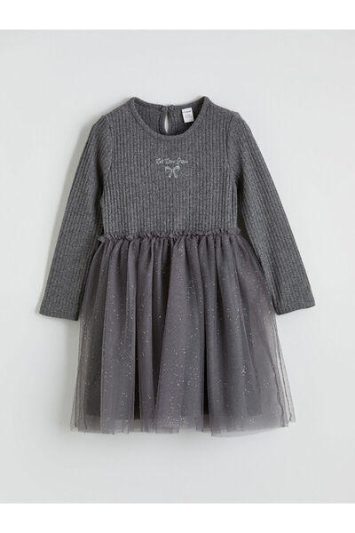 LC Waikiki LCW Kids Rochie tutu brodata pentru fete, antracit guler rotund