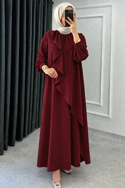 Tesettür Diyarı Rochie Tesettür din țesătură crep Mihri cu volane - Roșu Claret