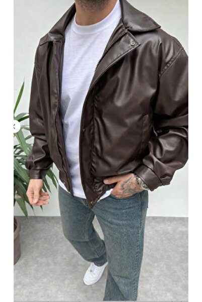 Rowsmen Jachetă din piele maro, supradimensionată, căptușită, pentru bărbați,...