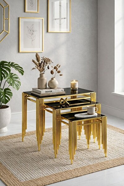ARS Home ZİGON SEHPA 3 lü sehpa PİANO SEHPA gold ayaklı sehpa modern sehpa iç...