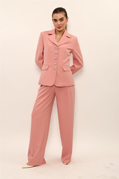 ÖNDER ÖZSOY Baby Collar Buttoned Classic Jacket & Classic Palazzo Women's Tro...