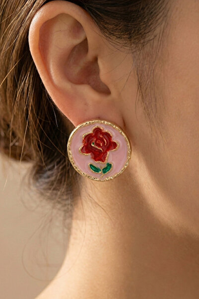 AURRARİ Gold Pink Enamel Rose Patterned Earrings