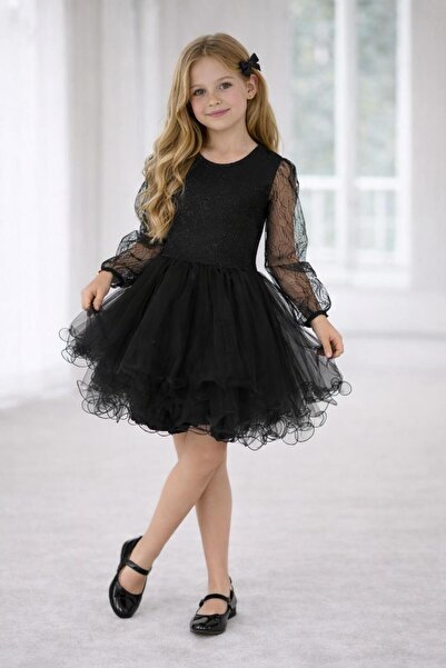 Dıgıl Kids Kız Çocuk Abiye Elbise Kırmızı Misinalı Simli Kolu Tüllü