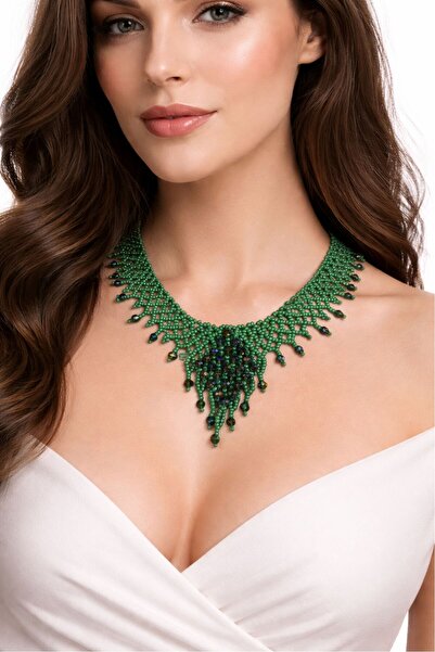 Uretti - Hülya 6683 3540 Handmade Crystal Bead Stylish Knitted Necklace Green