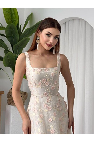 MODA DURAĞI ÇİÇEK TASARIM KLOŞ ASKILI ELBİSE Bej
