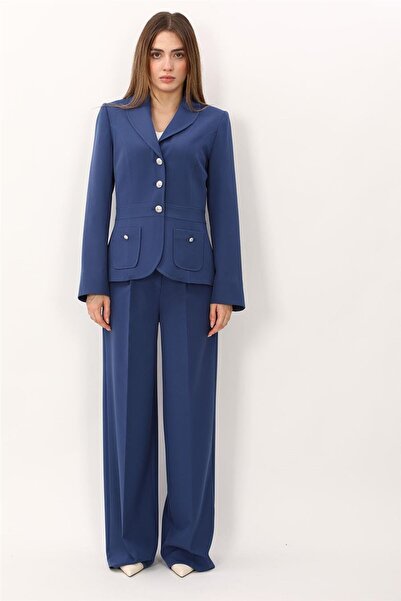 ÖNDER ÖZSOY Shawl Collar Sport Jacket with Pocket & Classic Palazzo Women's T...