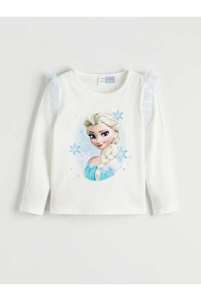 LC Waikiki Ekru Elsa Baskılı Fırfırlı Kız Çocuk Tişört