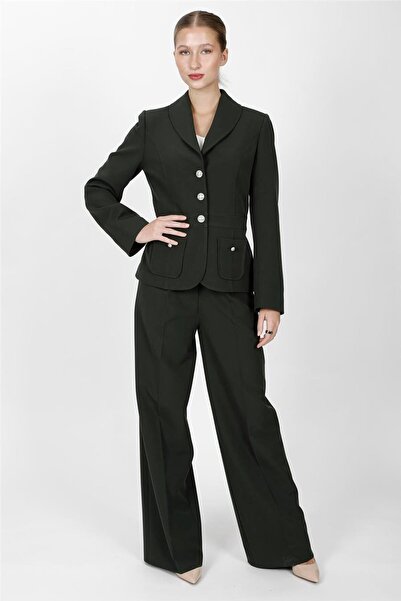 ÖNDER ÖZSOY Shawl Collar Sport Jacket with Pocket & Classic Palazzo Women's T...