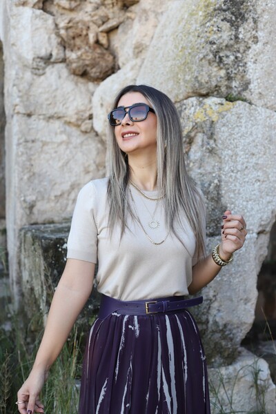 bytugcekaya Light Beige Standard Size Crew Neck Short Sleeve Blouse