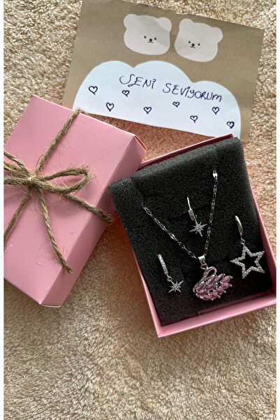Barila Luxe Kuğu Set 2'Li Lüx Kolye Ve Küpe Çelik Kız Arkadaşa Anlamlı Hediye
