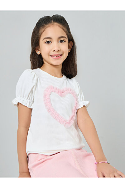 Styli Girls White Puff Sleeve T-Shirt with Pink Heart Detail